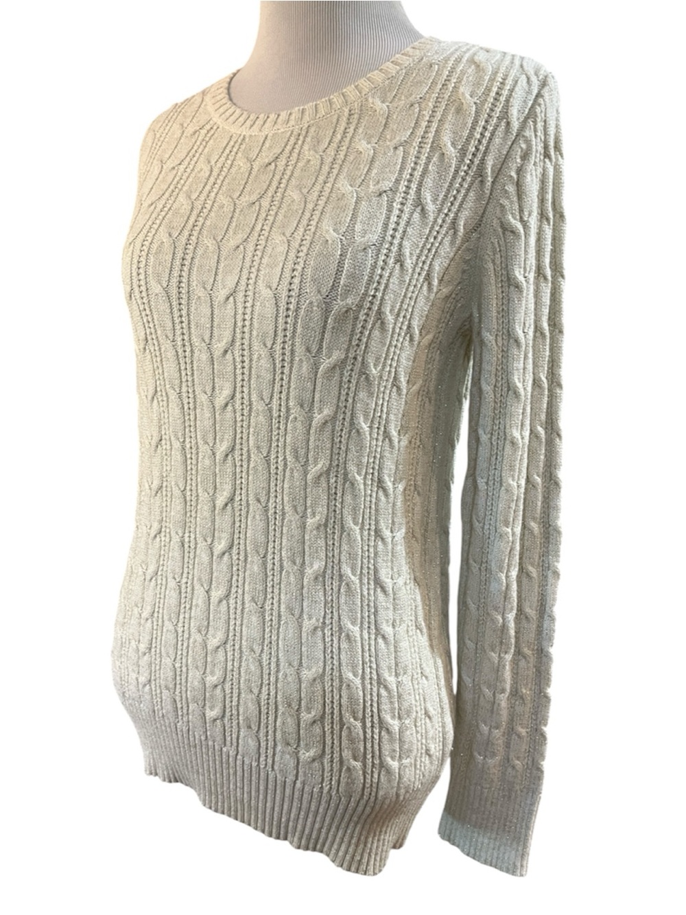 ST. JOHN’S BAY SHIMMERY CABLE KNIT SWEATER CREAM SIZE SMALL